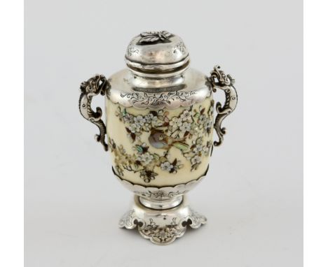 Japanese Meiji period silver, ivory and Shibayama inkwell and cover, with inlaid mother-of-pearl decoration of birds amongst 