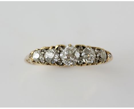Victorian old cut diamond five stone ring, estimated total diamond weight 0.94 carats, mounted in yellow metal stamped 18 ct,