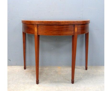 19th Century mahogany and satinwood strung demi lune folding card table on square tapering legs  74 x 94 cm 