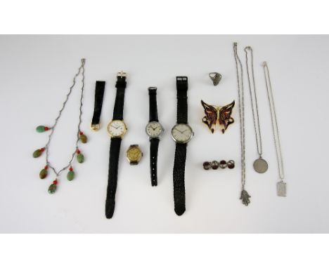 Mixed group of items, turquoise bead necklace, filigree hand pendant, Virgo pendants and chain, marcasite ring, size N, all i