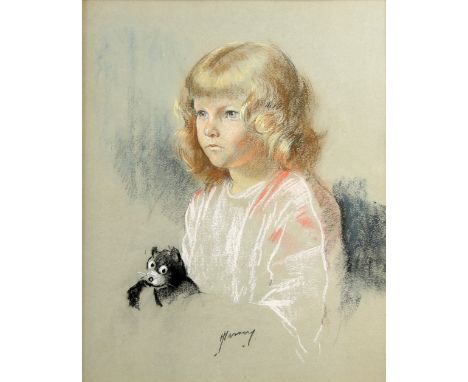 John Rathbone Harvey (British, 1866-1933). Portrait of a little girl with a toy cat. 42 x 33cm. Framed and glazed. .   