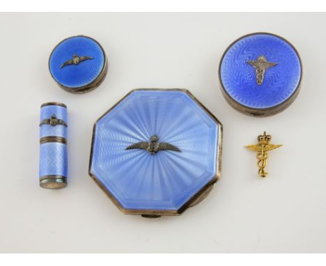 Silver and guilloche blue enamel RAF dressing set of compact, lipstick holder, and two rouge boxes and 9 carat gold wings bro