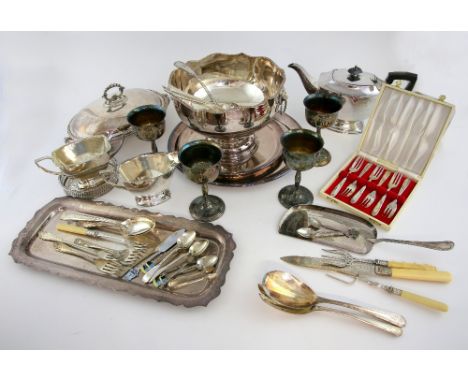 Various silver plated items to include a tureen, trays, punch bowls, tea service etc..   
