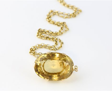 Large  vintage citrine pendant, oval cut citrine, estimated total weight 114 carats, six claw setting, in yellow metal testin