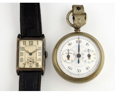 Art Deco period silver rectangular cased watch, dial with Arabic numerals surmounting minute track and subsidiary seconds dia