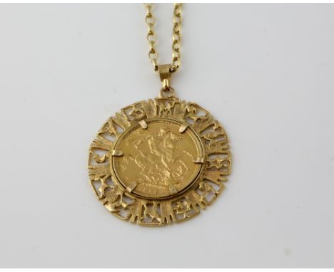  Zodiac pendant set with Victorian full Sovereign dated1889, yellow metal mount and belcher link chain testing as 9 ct, chain