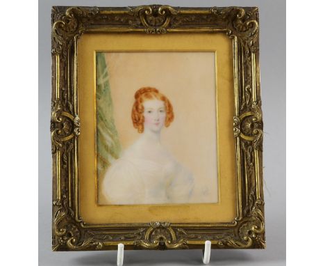 19th century portrait miniature on ivory, young lady with red hair, in ormolu frame cast with foliate scrolls, picture size: 