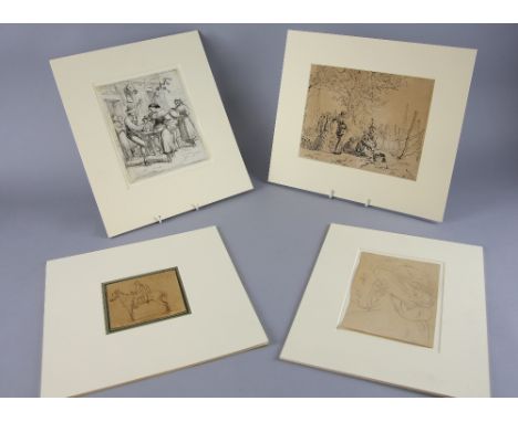 Pencil sketch, woman's head with turban, 18cm x 13cm ,ink sketch, encampment, 19cm x 24cm watercolour, dancers, 20cm x 17cm, 
