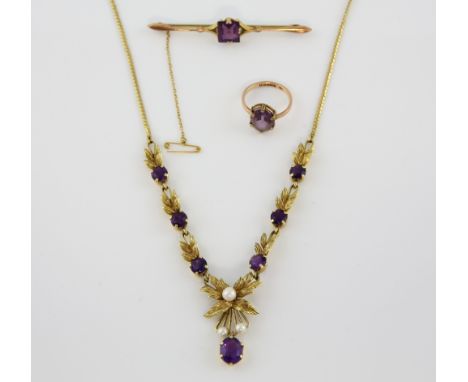 Vintage amethyst and pearl floral necklace, with bolt ring clasp, hallmarked London 1975,  length 45 cm, with purple stone se