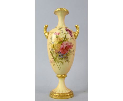 Royal Worcester blush ivory vase decorated with flowers  puce mark to base date mark 1900 ,  24cm .   