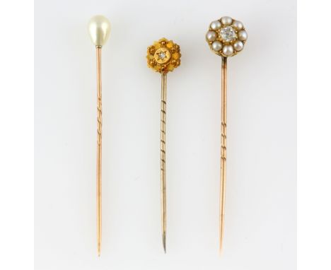 Victorian old cut diamond and seed pearl stick pin, estimated diamond weight 0.20 carat, mounted in yellow metal testing as 1