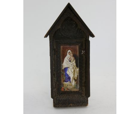 Porcelain and enamel plaque of the Virgin Mary in a carved wood shrine 12.5cm x 6cm.   