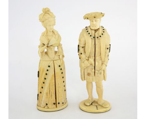 Two 19th century Dieppe carved ivory figures of Henry VIII and a lady in 17th/18th century costume, with fold-out bodices rev