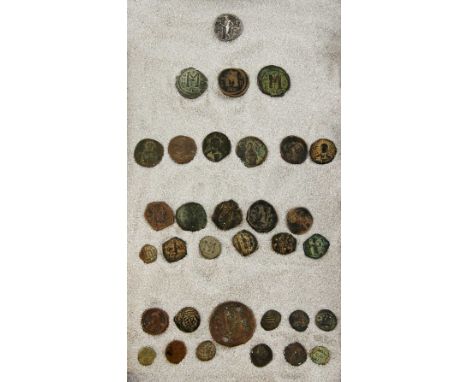 Group of ancient mainly bronze Byzantine coins, including, three Justin and Sofia, follies 565-578, Theup and Niko mints, six