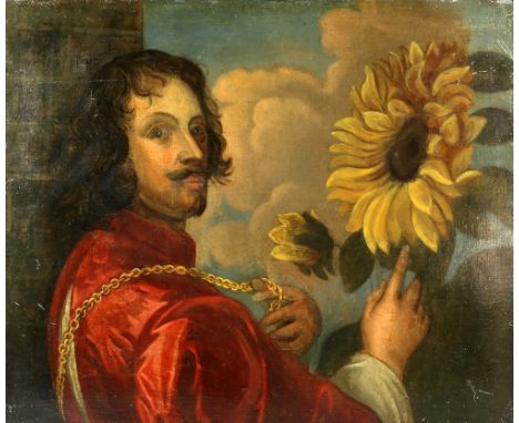 Late 18th/early 19th century portrait of a man, in red cloak with gold chain, holding a sunflower, oil on canvas, unsigned, 6