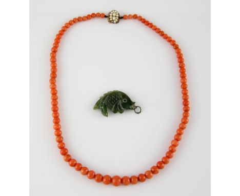 Graduated coral bead necklace, round beads  4.5 to 8.5mm in diameter, strung without knots, measuring approximately 42cm in l