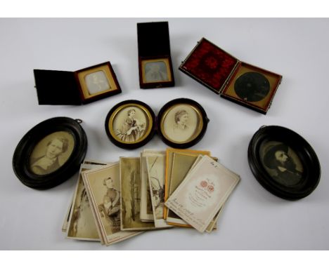 19th Century Portrait Photography - Two Daguerreotype photographs in cases, an Ambrotype in case & other photographic prints,