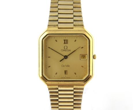 Omega, gentleman's De Ville Quartz gold plated wrist watch, the octagonal case around brushed yellow metal dial with Roman nu