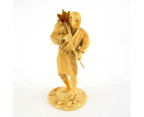 19th Century Japanese ivory figure of a man carrying a basket  20 cm,PLEASE NOTE: THIS ITEM CONTAINS OR IS MADE OF IVORY. Buy