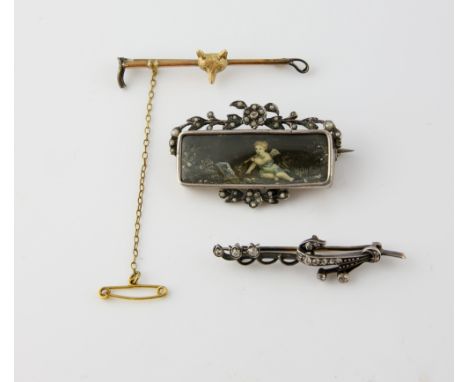 Three brooches, old cut diamond lily of the valley brooch, with a Victorian enamel painting of cherub reading,  floral seed p