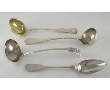 A continental silver ladle, with vacant shield finial, 33 cm long, together with two further ladles, one with continental mar