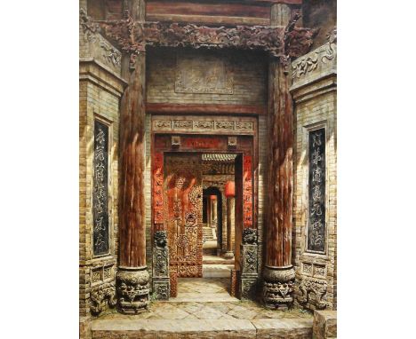 Xiao Peng (Chinese, 1919). 'Spring time in March' oil on canvas, signed and dated 2002, Gallery Du Monde Hong Kong Label vers