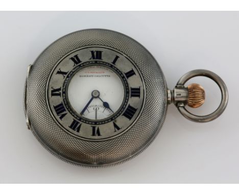 West End Watch Co half hunter pocket watch, white enamel dial with Roman numerals subsidiary dial minute track, campaign, Bom