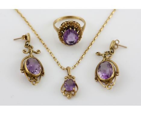 Amethyst jewellery set, oval cut amethyst set in a ring, size R, with similar drop earrings with scroll detail, and a pendant