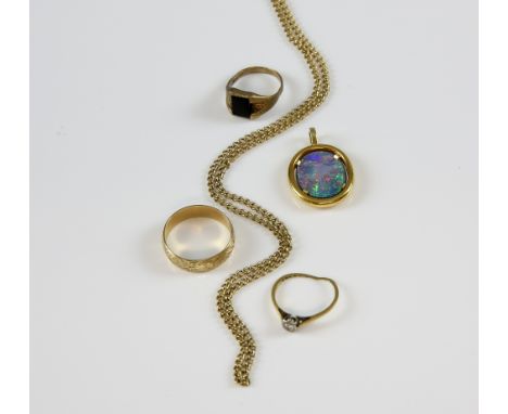 Mixed group of jewellery, opal triplet pendant in yellow metal testing as 18 ct, measuring approximately 3 x 2cm, illusion se