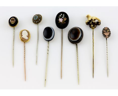 A group of antique stick pins, micro mosaic with architectural scene, another with pietra dura, carved bone depiction of two 