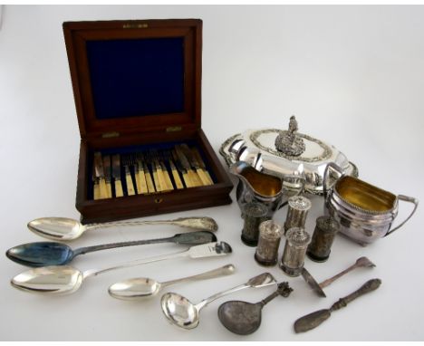 Silver plated entree dish and cover of serpentine form, set of 19th century ivory handled fruit knives and forks and a quanti