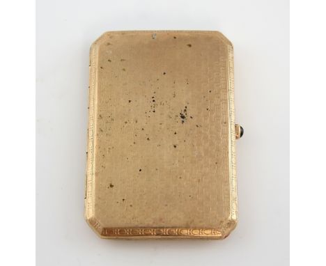 Gold cigarette case, with engine turned decoration and blue sapphire cabochon-set thumbpiece, import marks AS, measuring appr