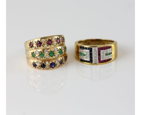 Two ruby, diamond, emerald and sapphire rings, vintage three row gypsy set ring, and dress ring, both mounted in 9 ct yellow 