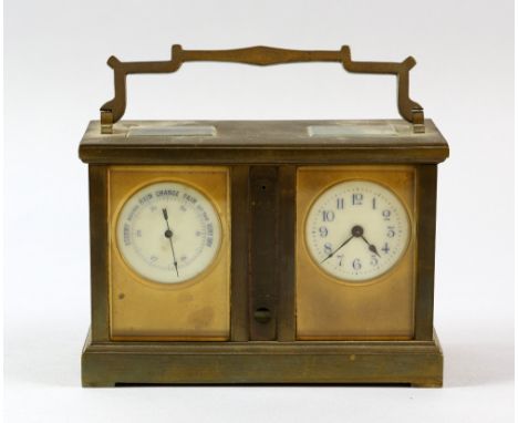 Early 20th Century carriage barometer/clock with weather dial, central thermometer (mercury missing) and clock  14 x 17 cm 