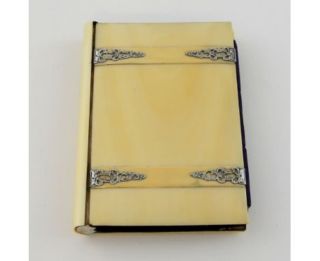 Victorian ivory and silver mounted card case with purple interior enclosing ten gilt-edged partitions, 10.6cm x 7.5cm,PLEASE 