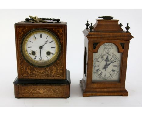 Rosewood and boxwood inlaid two train carriage clock by Breguet a Paris, 23cm, dome top mantle clock 26cm , and a John Durden