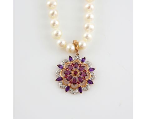 A cultured pearl necklace  with attached pendant set with amethyst diamond and central synthetic ruby in 9 ct rose gold, boxe