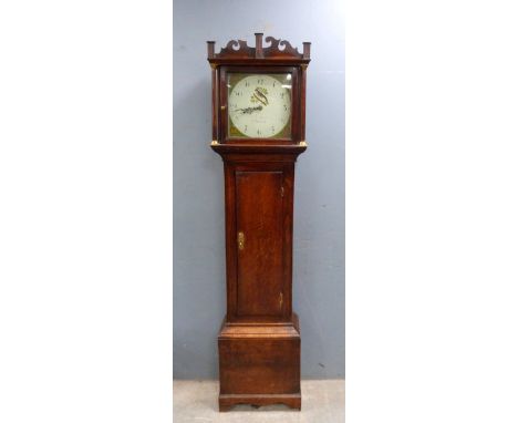 18th Century 30 hour oak longcase clock by W K Barker with painted dial to weight driven movement, 197cm 