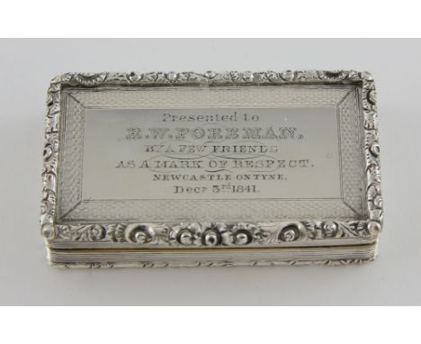 Victorian silver rectangular snuff box with moulded floral and engine turned decoration, engraved with inscription, by Edward