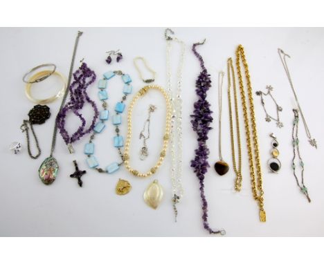 Collection of costume jewellery, amethyst necklaces and matching earrings, faux pearl necklaces, mother of pearl bangles, sil