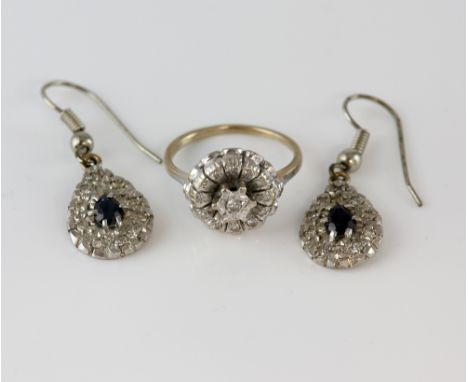 Diamond cluster ring, mounted in white metal stamped 18 ct, size K, and a pair of sapphire and diamond tear drop earrings, mo