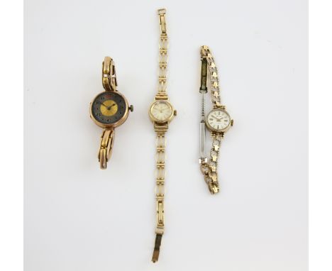 Three gold watches,1960's ladies Tissot, round dial with baton hour markers, 17 jewels mechanical movement, ladies Accurist a