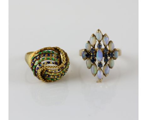 Two vintage rings, opal and sapphire dress ring, ten round cut sapphires set in diamond shape with thirteen marquise cabochon