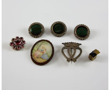 Group of silver and costume jewellery, early 19th C foiled back pink paste brooch, three green enamel and paste brooches, cha