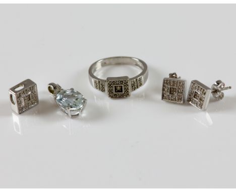 Diamond ring earrings and pendant set, in 9 ct white gold square setting, and an aquamarine and diamond set pendant  .   