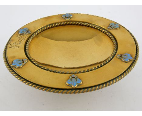 19th Century brass dish border with blue enamel fleur de lys, 19 cm diameter .   