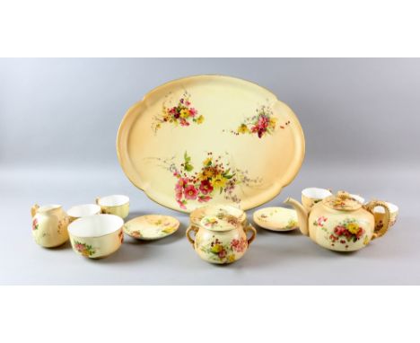 Royal Worcester blush ivory coffee service, comprising, tray, teapot, cream jug, sugar bowl, five cups and six saucers,.   