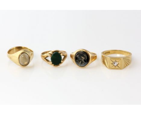 Four stone set vintage signet rings, oval cabochon cut citrine ring, estimated weight 1.84 carats, hallmarked London 1975, si