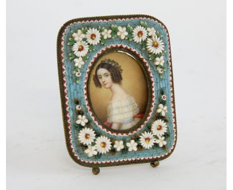 19th Century mille fleur picture frame, inset with a portrait of a lady  8 x 6 cm .   