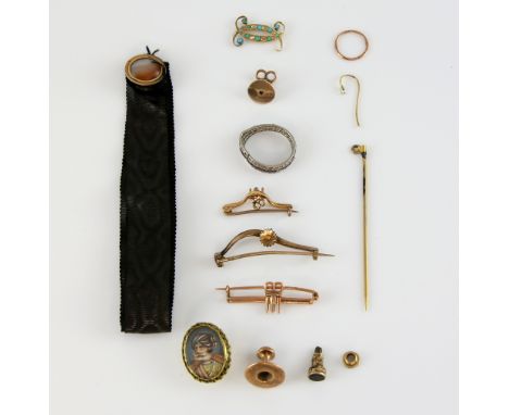 Mixed group of items, gold single earring with Indian  portrait, diamond and turquoise set emblem, other attachments, various